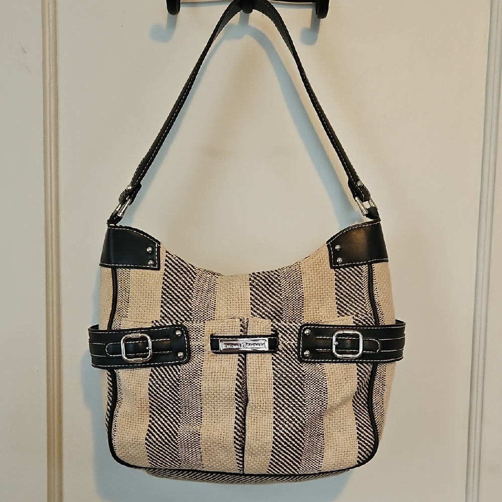 Etienne Aigner Striped Black and Cream Women's Tweed Shoulder Bag